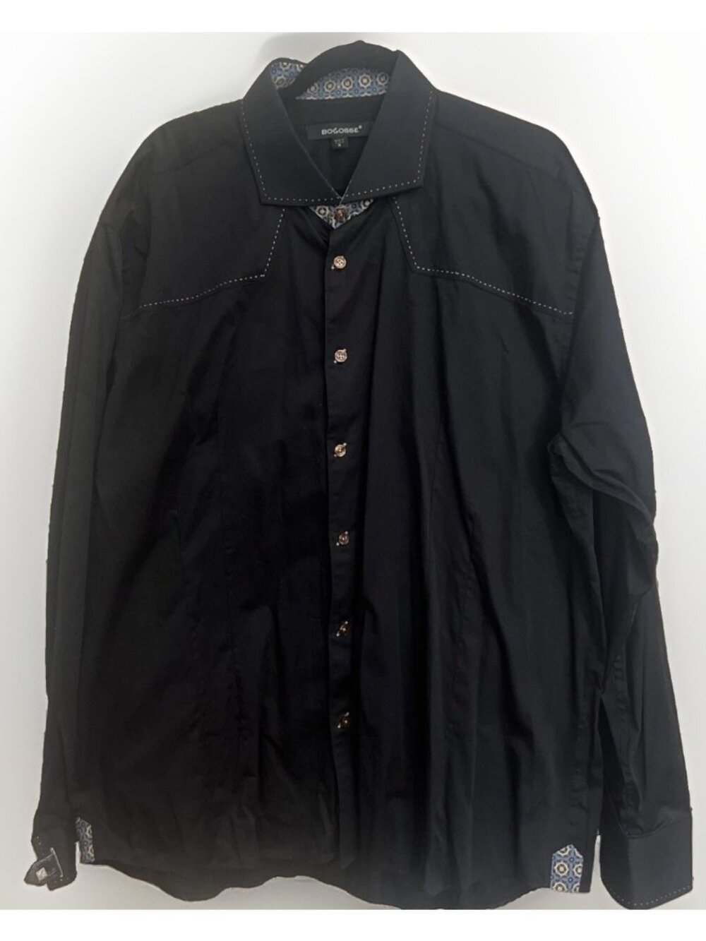 Bogosse men's long sleeve Flip Cuff Leather Tab Black Aramis shirt Size 8 4XL. N
